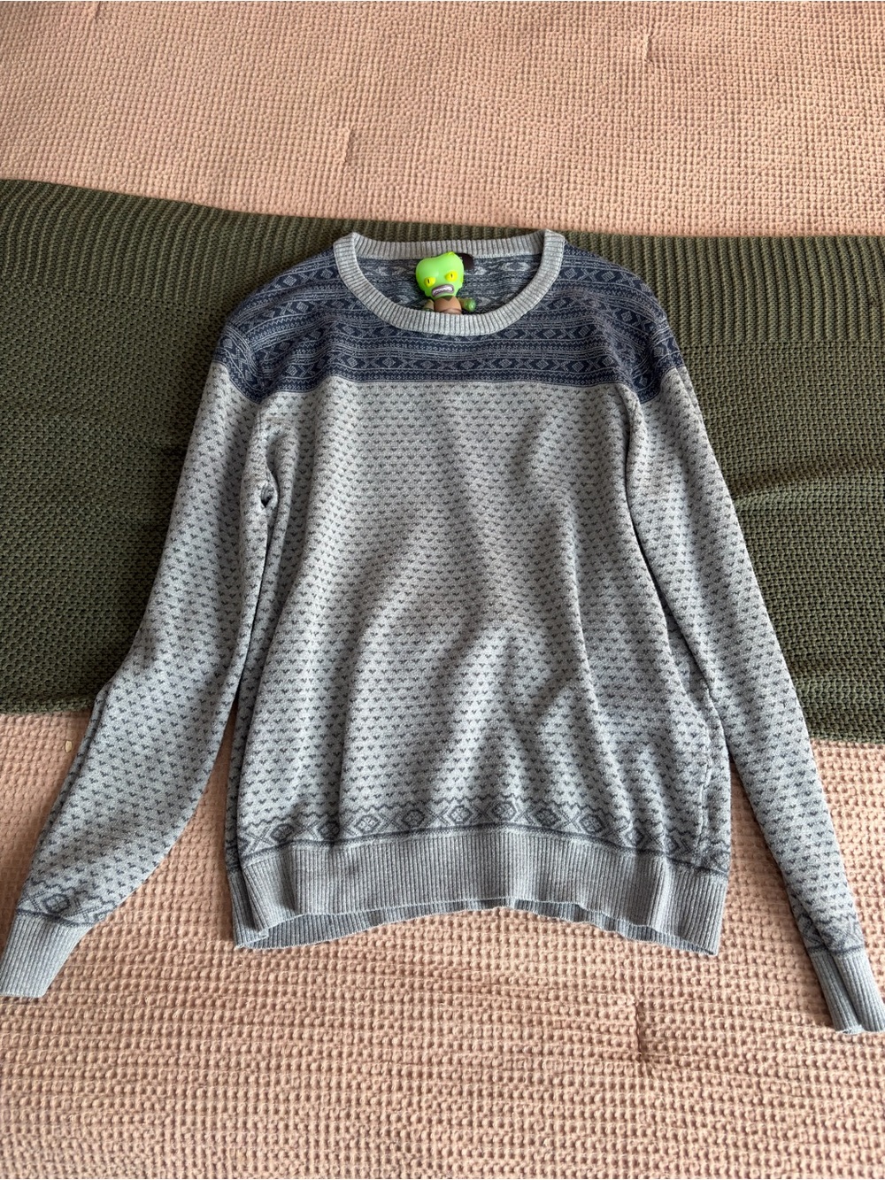 INC International Concepts Light Gray Crewneck Sweater with Navy Yoke